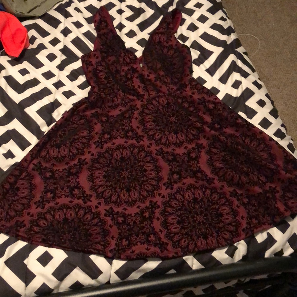 Maroon a-line dress with suede black detailing